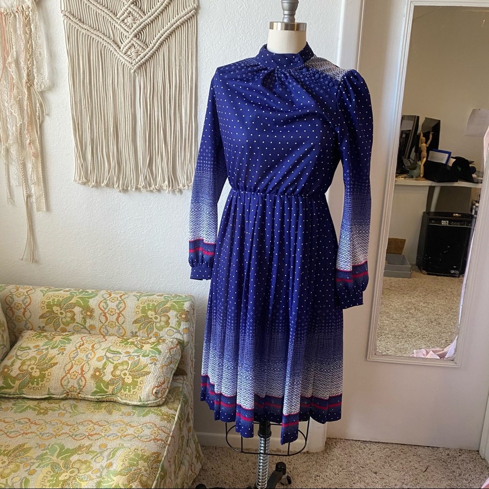 VINTAGE 1970s 80s Blue Stripe Workwear ALine Dress